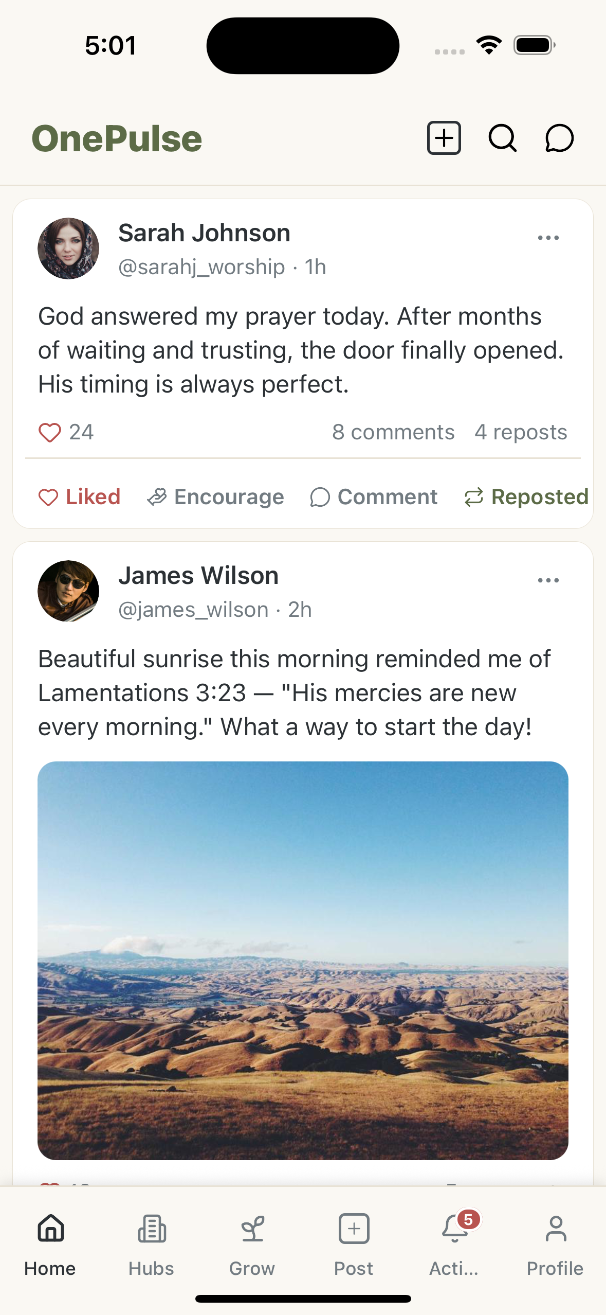 OnePulse app timeline showing prayer posts and community feed