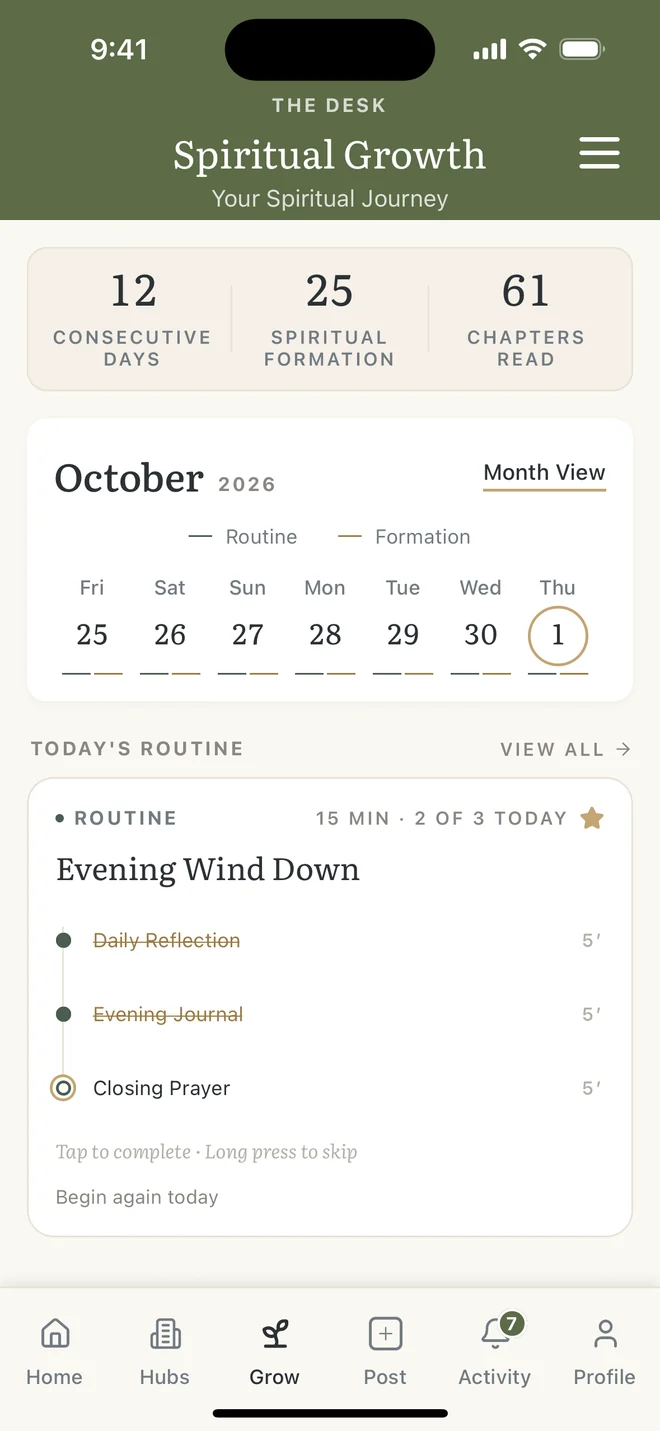 The Grow page, showing 12 consecutive days, 61 chapters read, and today's evening routine with two of three steps done.